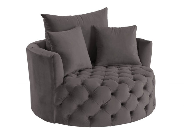 43" Gray Velvet Tufted Swivel Barrel Chair And Toss Pillows
