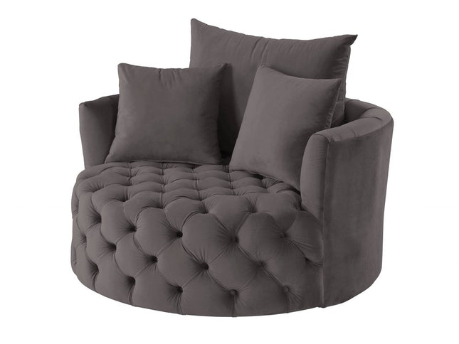 43" Gray Velvet Tufted Swivel Barrel Chair And Toss Pillows