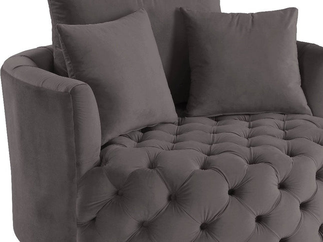 43" Gray Velvet Tufted Swivel Barrel Chair And Toss Pillows