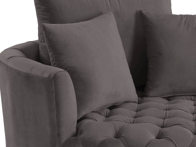 43" Gray Velvet Tufted Swivel Barrel Chair And Toss Pillows