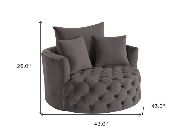 43" Gray Velvet Tufted Swivel Barrel Chair And Toss Pillows
