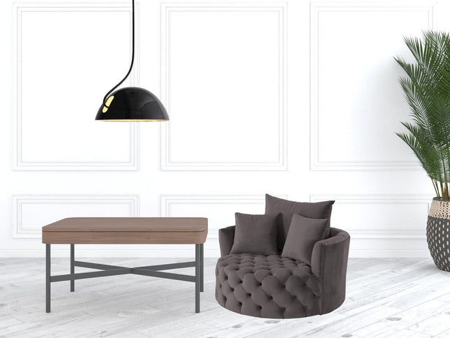 43" Gray Velvet Tufted Swivel Barrel Chair And Toss Pillows