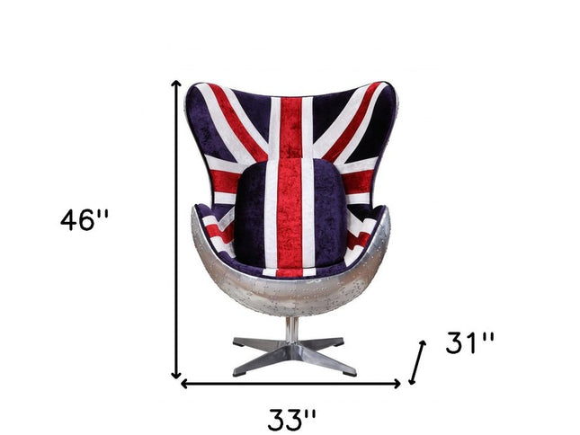 33" Red White Blue and Silver Fabric Great Britain Flag Swivel Balloon Chair