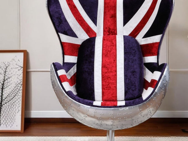 33" Red White Blue and Silver Fabric Great Britain Flag Swivel Balloon Chair