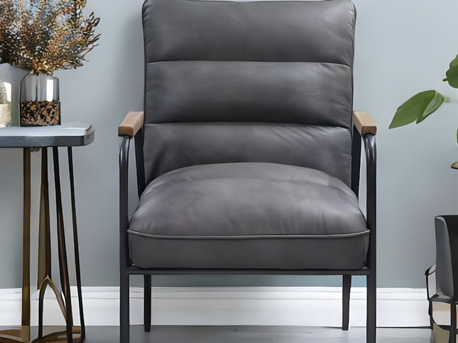 26" Gray and Black Top Grain Leather Tufted Lounge Chair
