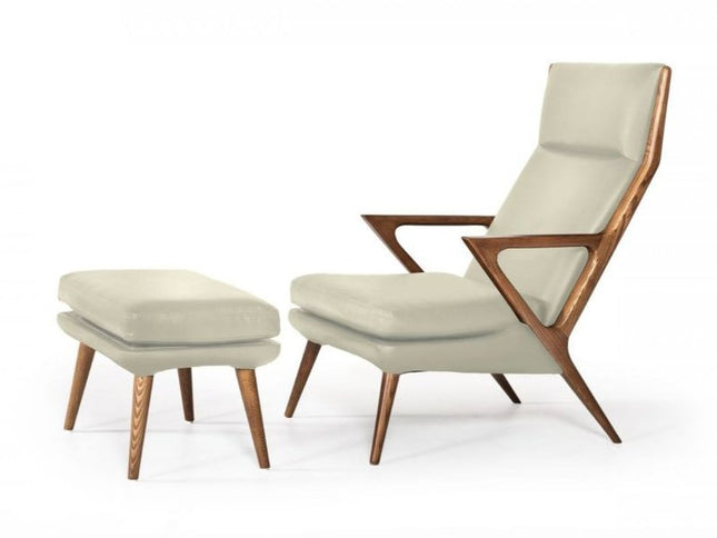 26" Beige And Brown Faux Leather Lounge Chair With Ottoman