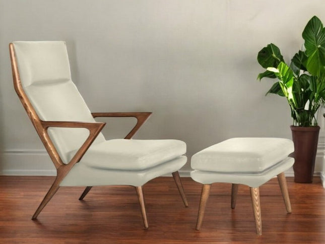 26" Beige And Brown Faux Leather Lounge Chair With Ottoman