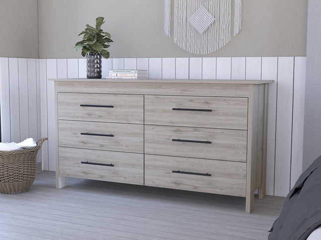 59" Natural and Black Six Drawer Double Dresser