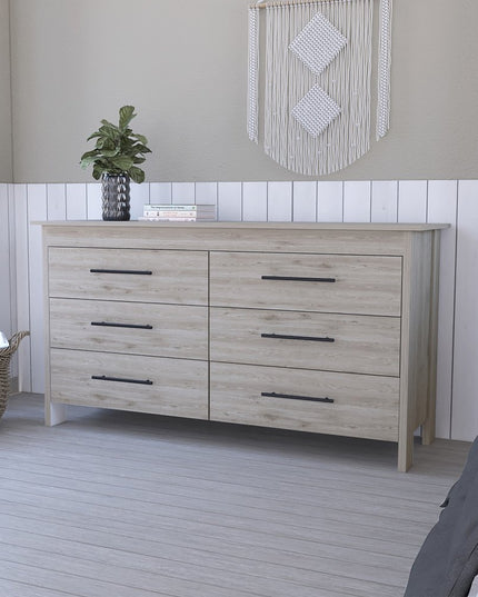 59" Natural and Black Six Drawer Double Dresser