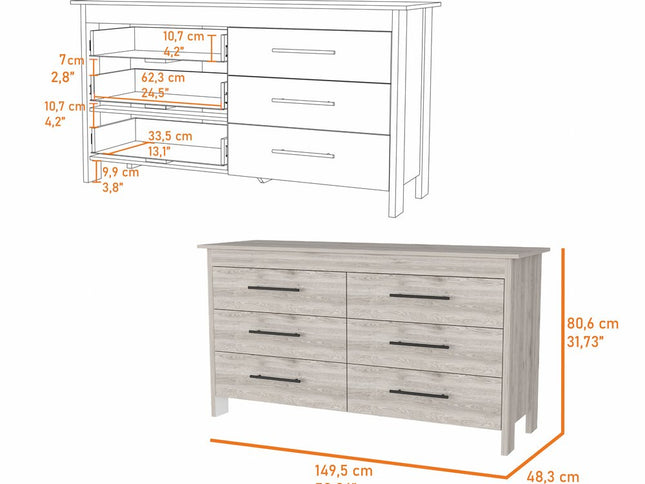 59" Natural and Black Six Drawer Double Dresser