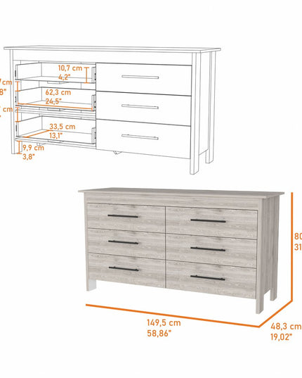 59" Natural and Black Six Drawer Double Dresser