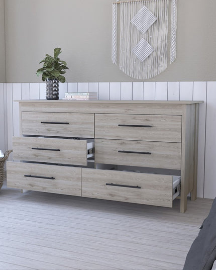 59" Natural and Black Six Drawer Double Dresser