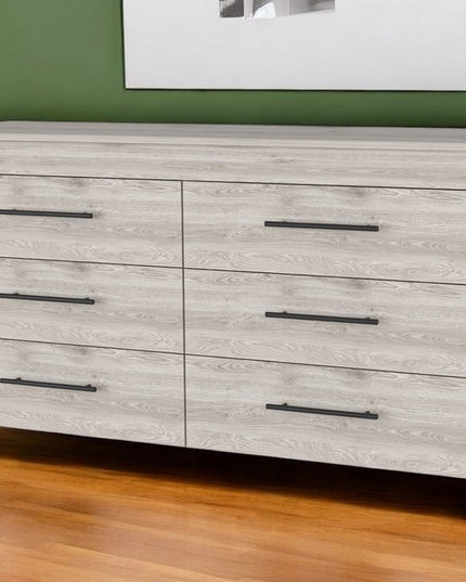 59" Natural and Black Six Drawer Double Dresser