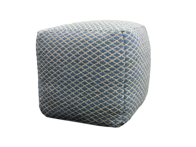 18" Blue and Beige Wool Cube Trellis Pouf Ottoman