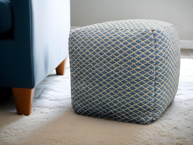 18" Blue and Beige Wool Cube Trellis Pouf Ottoman