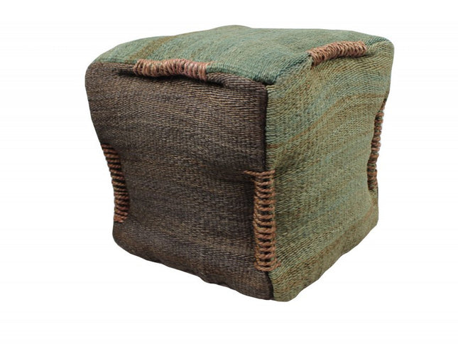 18" Green and Brown Jute Cube Pouf Ottoman