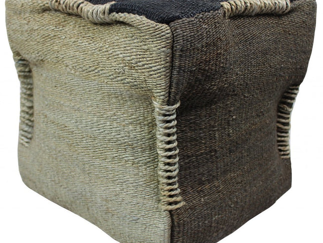 18" Black and Taupe Jute Cube Pouf Ottoman