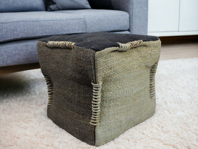 18" Black and Taupe Jute Cube Pouf Ottoman