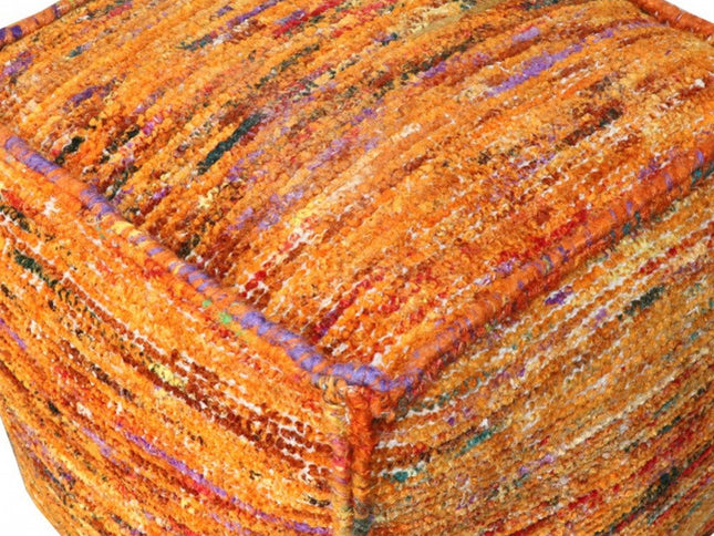 18" Orange Recycled Silk and Cotton Blend Cube Pouf Ottoman