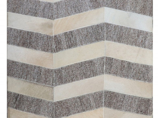 18" Gray and Beige Hair on Hide Cube Chevron Pouf Ottoman