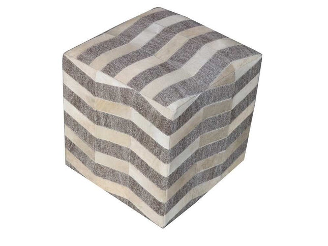 18" Gray and Beige Hair on Hide Cube Chevron Pouf Ottoman