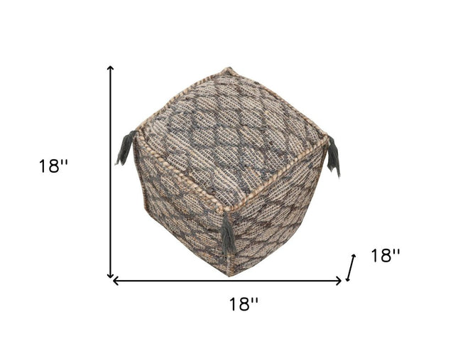 18" Natural Gray And Taupe Jute Cube Trellis Pouf Ottoman