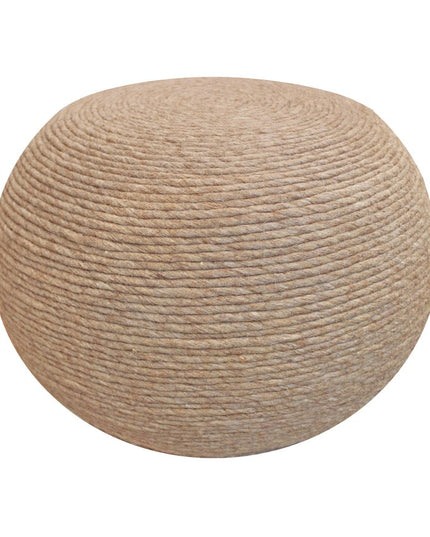 20" Beige Wool Round Ribbed Pouf Ottoman