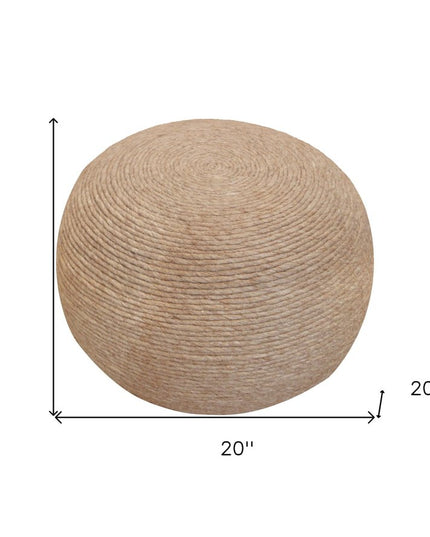 20" Beige Wool Round Ribbed Pouf Ottoman
