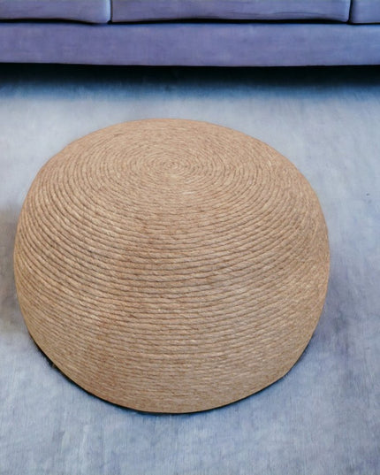 20" Beige Wool Round Ribbed Pouf Ottoman