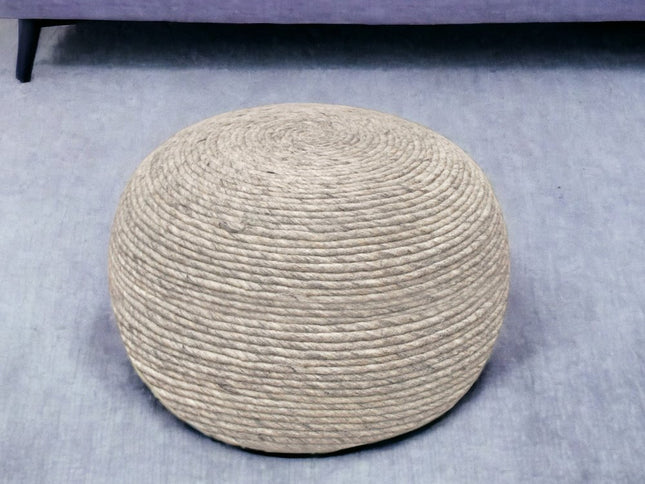 20" Gray Wool Round Ribbed Pouf Ottoman