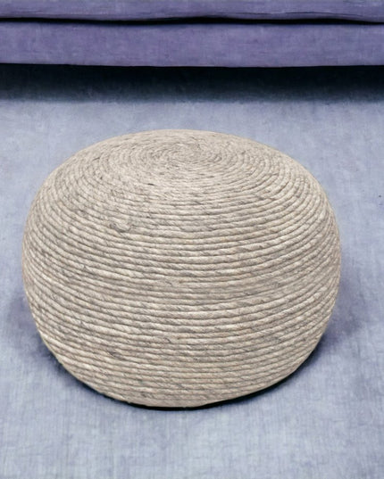 20" Gray Wool Round Ribbed Pouf Ottoman
