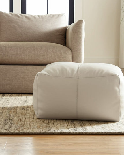 22" Ivory Leather Pouf Ottoman