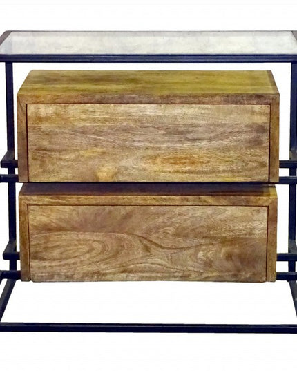 28" Natural Solid Wood and Glass Two Drawer Nightstand