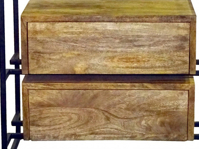 28" Natural Solid Wood and Glass Two Drawer Nightstand
