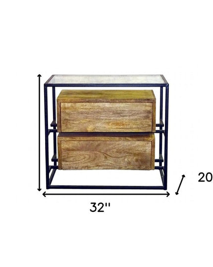 28" Natural Solid Wood and Glass Two Drawer Nightstand