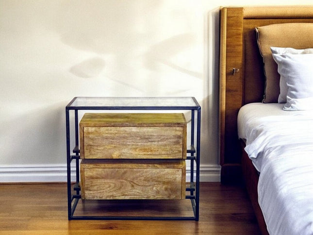 28" Natural Solid Wood and Glass Two Drawer Nightstand