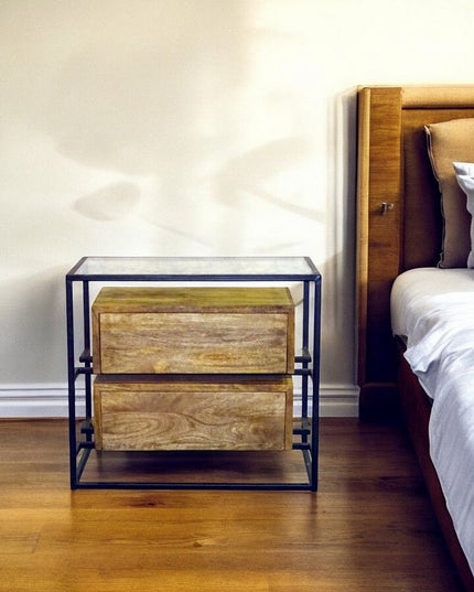28" Natural Solid Wood and Glass Two Drawer Nightstand