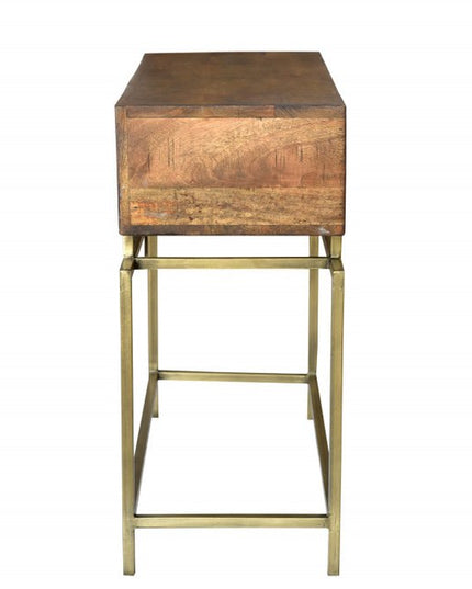 36" Brown and Brass Solid Wood Distressed Frame Console Table With Storage