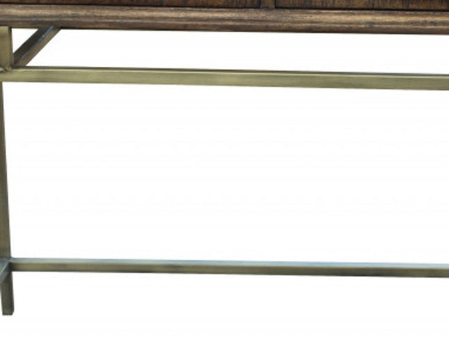 36" Brown and Brass Solid Wood Distressed Frame Console Table With Storage