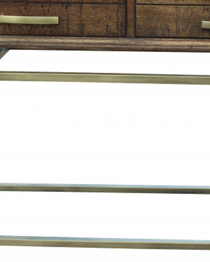 36" Brown and Brass Solid Wood Distressed Frame Console Table With Storage