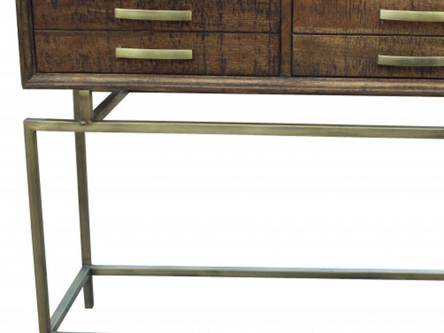 36" Brown and Brass Solid Wood Distressed Frame Console Table With Storage