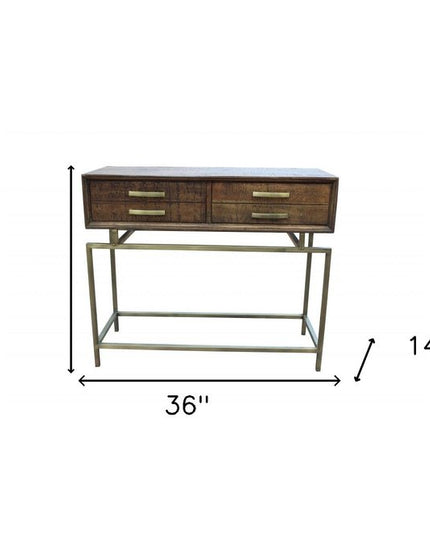 36" Brown and Brass Solid Wood Distressed Frame Console Table With Storage