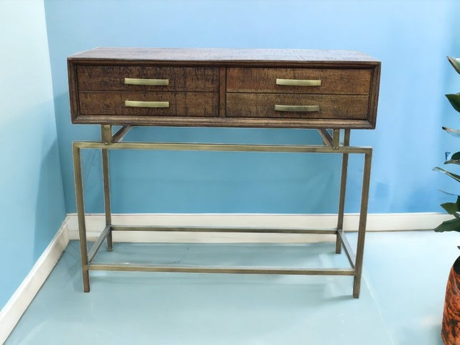 36" Brown and Brass Solid Wood Distressed Frame Console Table With Storage