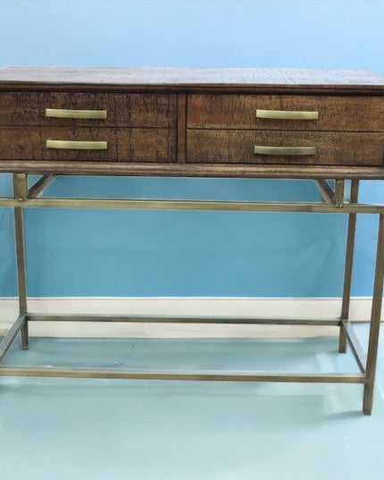 36" Brown and Brass Solid Wood Distressed Frame Console Table With Storage