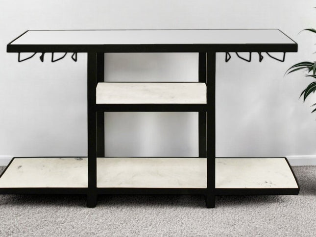 58" White and Black Genuine Marble Floor Shelf Console Table Two Shelves