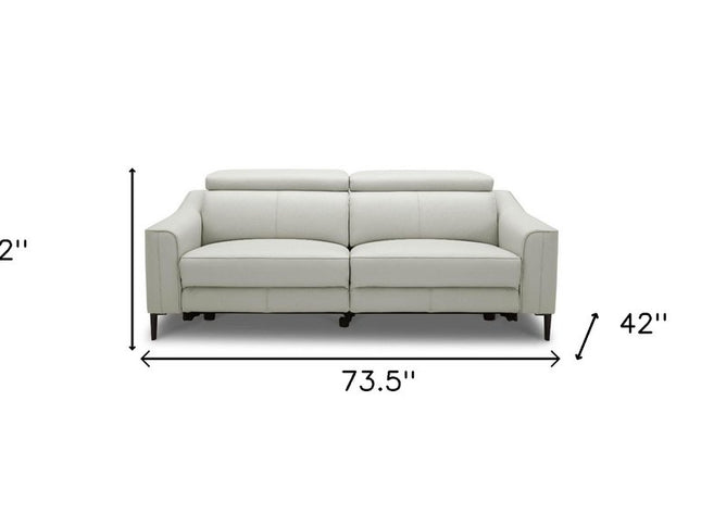 74" Gray Leather Reclining Sofa With Black Legs