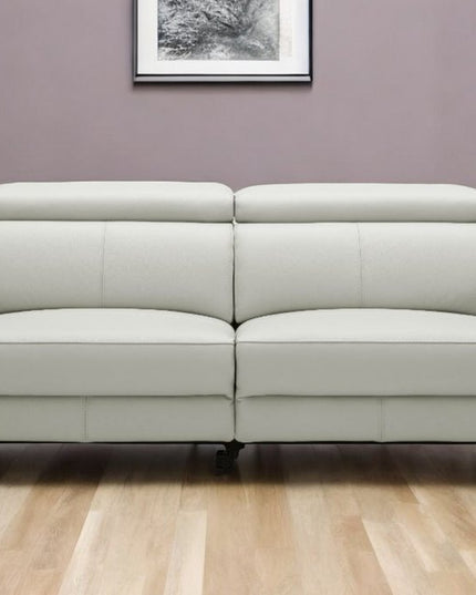 74" Gray Leather Reclining Sofa With Black Legs