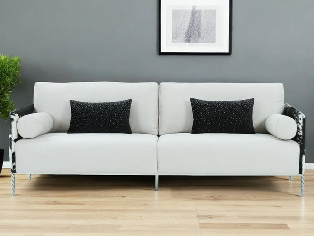 89" White Sofa And Toss Pillows With Silver Legs
