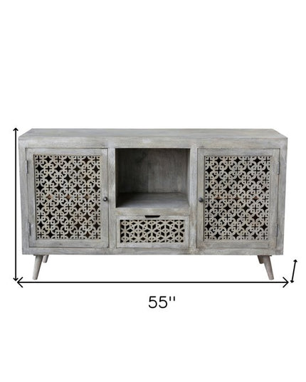 55" Gray Solid Wood Cabinet Enclosed Storage Worn TV Stand