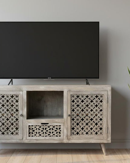 55" Gray Solid Wood Cabinet Enclosed Storage Worn TV Stand